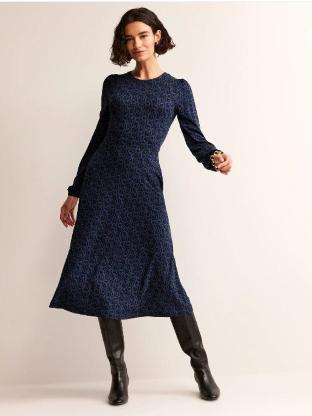 Boden Camille Long Sleeve Jersey Midi Dress Atlantic Swirl Blue and Black Sz 2
